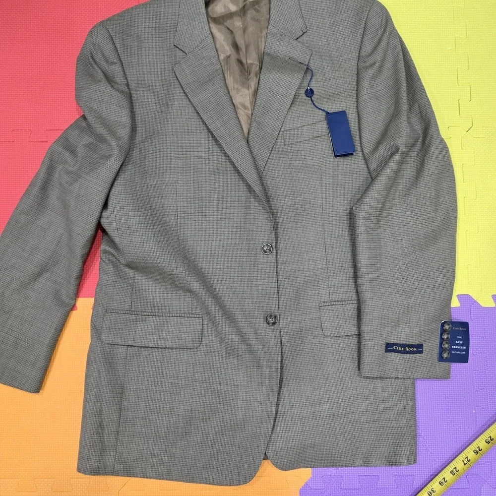 Club Room Sport Coat Men's 44L Olive Black Micro-Check 100% Pure Wool 2-Button‎
